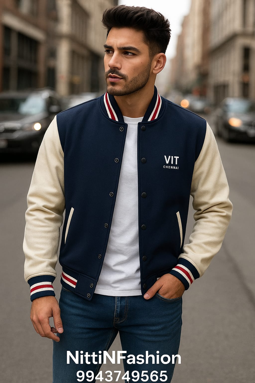 Navy and cream varsity jacket with embroidered college branding, produced for VIT Chennai
