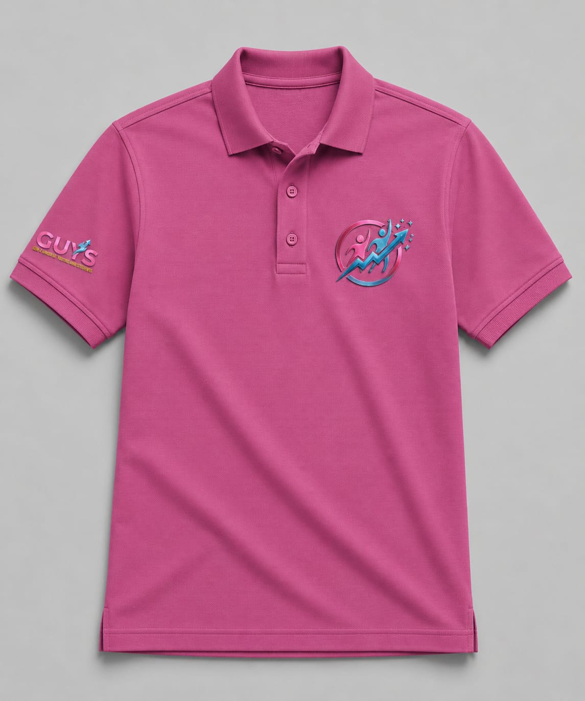 Navy corporate branded Nittin Fashion polo shirt, close-up