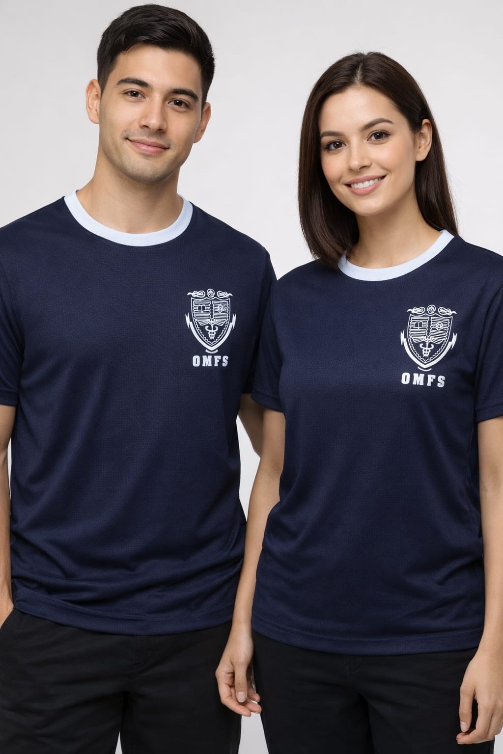 Two customers wearing custom branded navy Nittin Fashion t-shirts