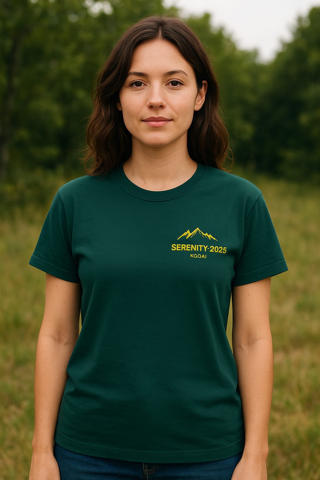 Woman wearing a custom-printed Nittin Fashion event t-shirt outdoors